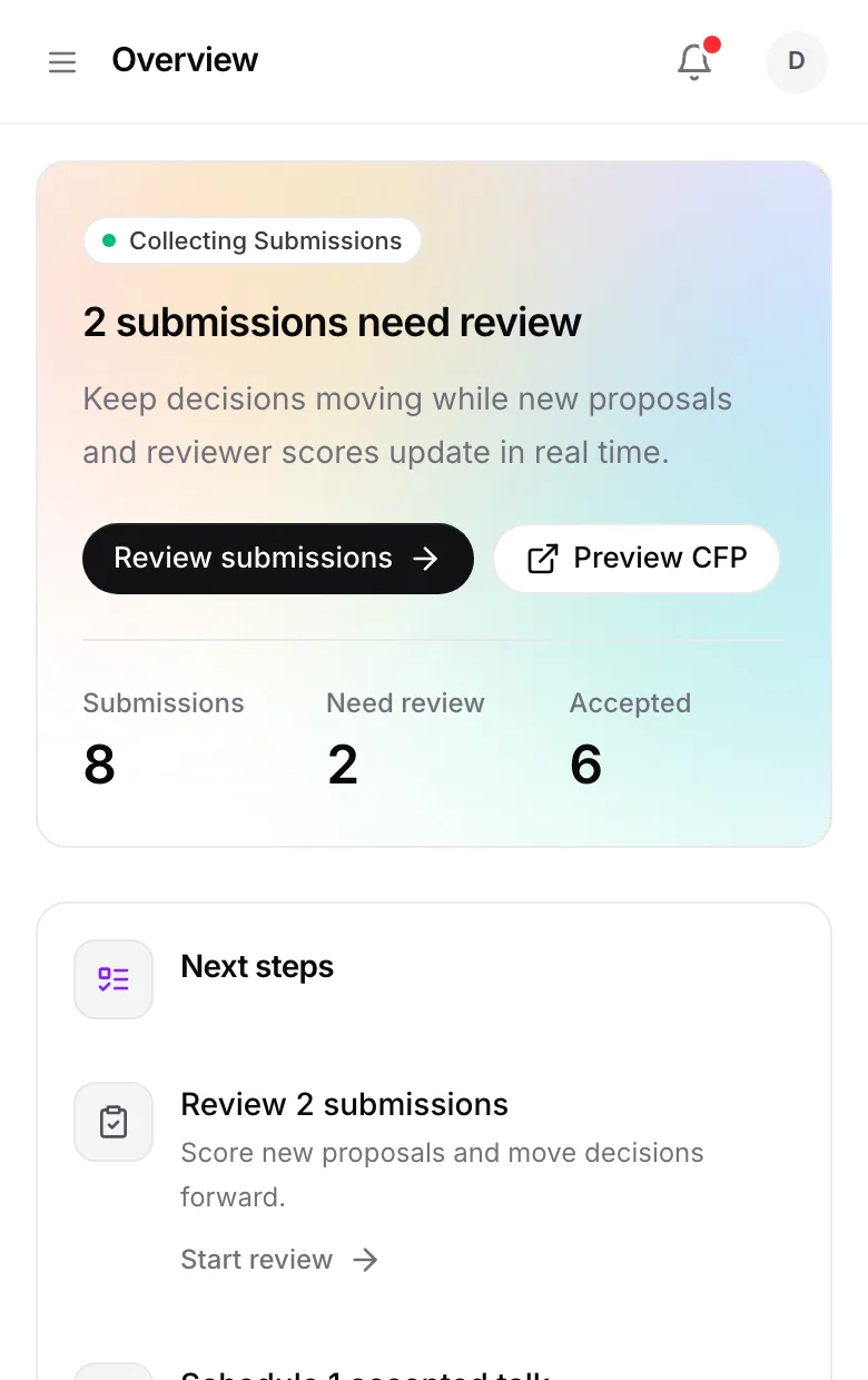 The event overview: submission counts, next steps, event readiness checks, and a submission activity chart.