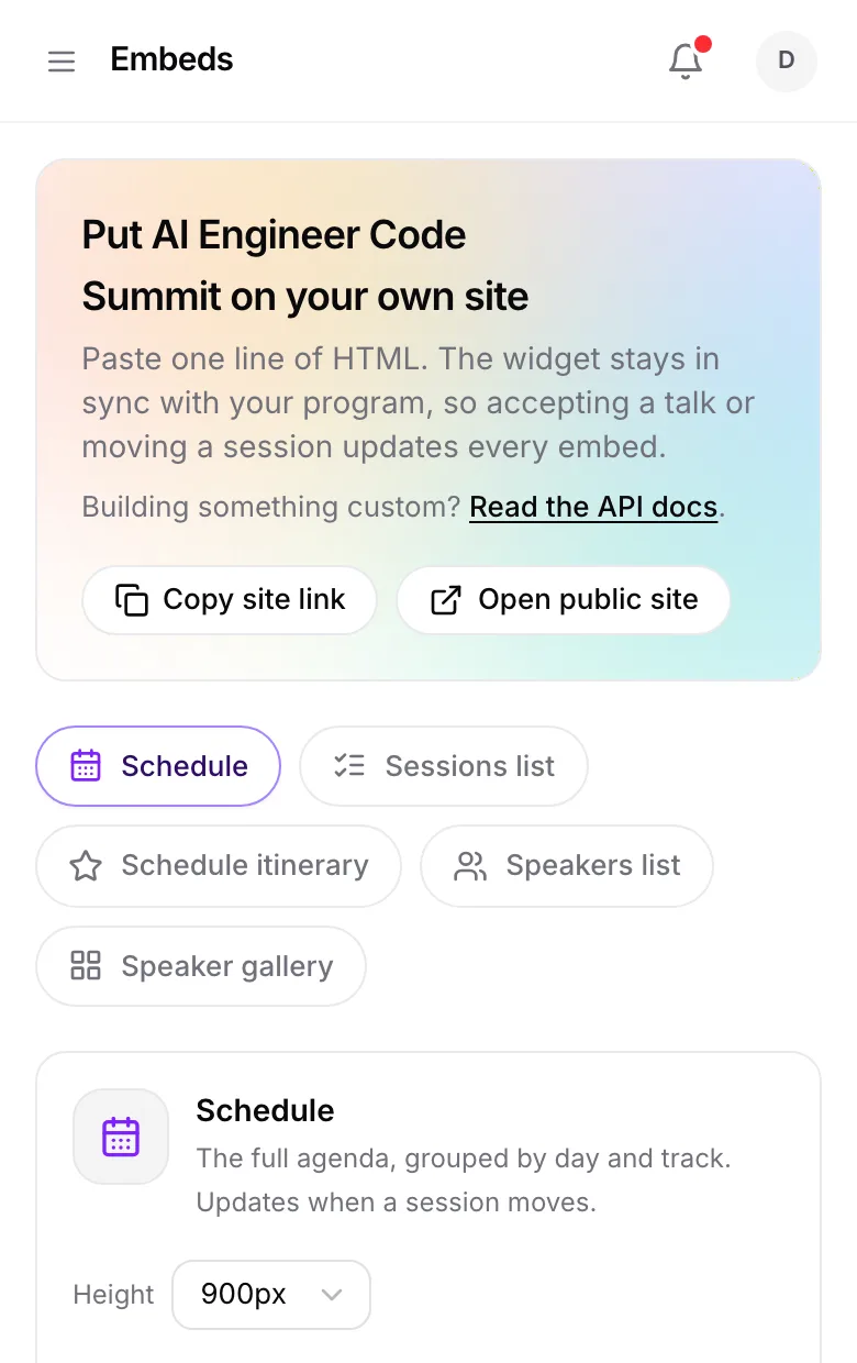 The embeds page: a live preview of the schedule widget next to its copyable snippet.