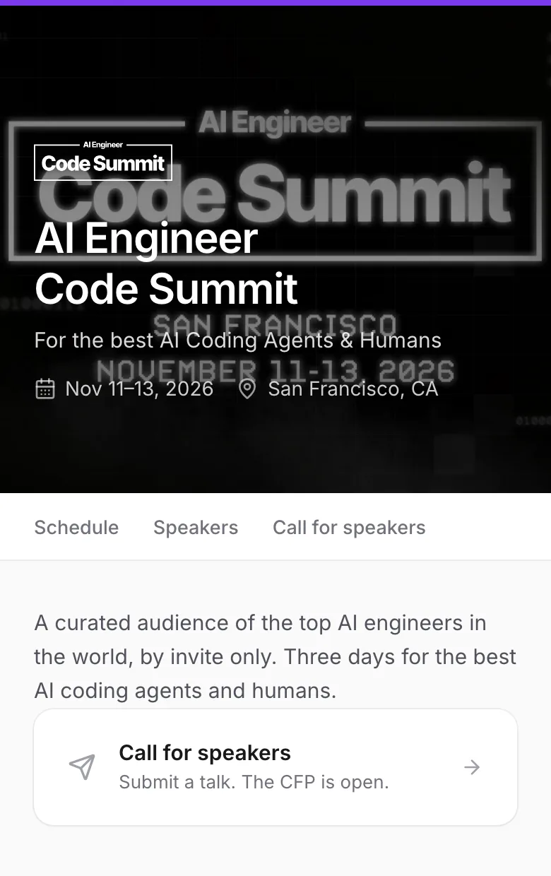 The attendee-facing event site with a branded header, day tabs, and the published schedule.